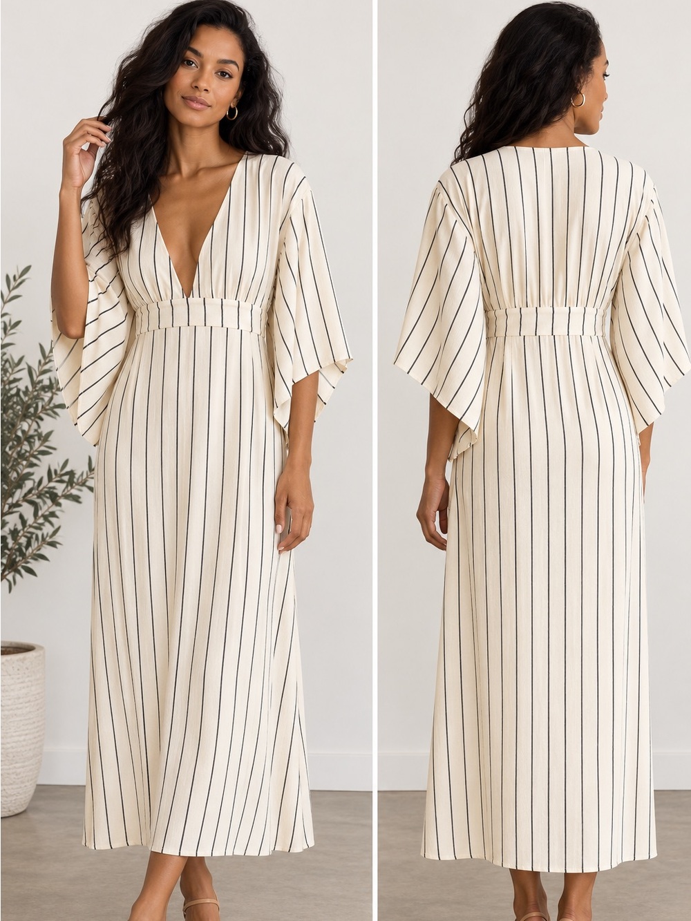 Billabong Striped Wrap Maxi Midi Dress Cream Navy Blue Tie Waist Boho S